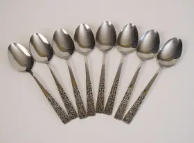 Unf199-8 Unbranded Japan Unf199 Mcm Stainless Steel Flatware Flowers Tablespoons 7.25 Inch Pieces Vtg