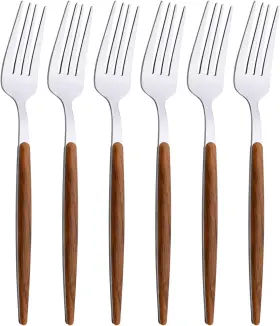 Fangmj-silver6p-dinfork Uniturcky 6-piece Dinner Forks Set Stainless Steel With Round Wooden Effect Handle
