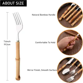 Zhuzi-silver8p-dinf Uniturcky Dinner Fork Set 8-piece Natural Bamboo Forks Food Grade 18/8 Stainless #2