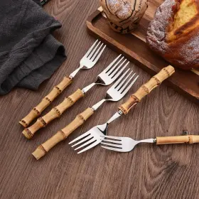 Zhuzi-silver8p-dinf Uniturcky Dinner Fork Set 8-piece Natural Bamboo Forks Food Grade 18/8 Stainless #3