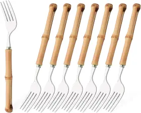 Zhuzi-silver8p-dinf Uniturcky Dinner Fork Set 8-piece Natural Bamboo Forks Food Grade 18/8 Stainless