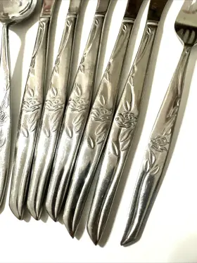 Unf227 Unknown Manufacturer Stainless Rose And Leaf Spoon Fork Knives Korea 7 Pcs #2