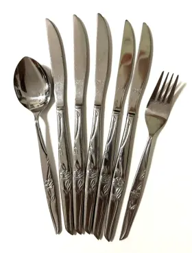 Unf227 Unknown Manufacturer Stainless Rose And Leaf Spoon Fork Knives Korea 7 Pcs