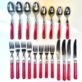 R544og Washington Forge Wg104 Wf Mardi Gras Red Handle Stainless Flatware 20 Pc Set Mcm Vtg