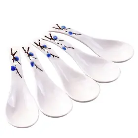 Whitenesser 743811419349 Set Of 5 Blue Plum Ceramic Soup Spoons Japanese Style For Salad Ice Cream
