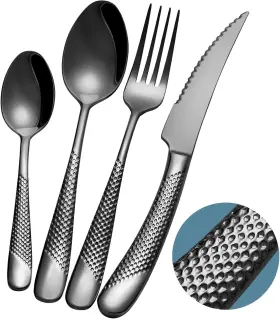 Xideman 712215440525 16-piece Modern Black Hammered Silverware Set With Ultra Sharp 2-in-1