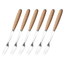 Yes Time 704129977587 6 Pcs Wooden Handle Stainless Steel Two Prong Forks Fruit Cake Appetizer