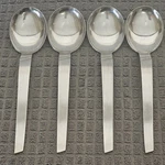 Italy Stainless Danish Modern UNF339 Flatware Round Soup Dinner Spoons Set Of 4. Fixed Price $36.00.