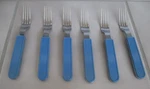 6 Mcm Mikasa MIS31 Blue 7 1/8" Dinner Forks Plastic Hdl. Stainless Center Japan. Fixed Price $29.99.