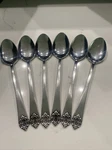 6 Stanley Roberts Stainless Japan SRB84 Dinner Spoons Satin Medallion Tip. Fixed Price $32.45.