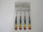 4 Fiesta Celebration Stainless Salad Forks Rainbow Inlay Flatware. Fixed Price $48.99.