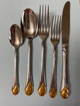 Place Setting Mikasa Gerald Patrick Gold Accented Japan 18/8 " Stainless Steel. Fixed Price $40.00.