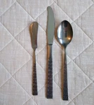 Stylecraft Stainless Japan SYF7 Greek Key Pattern Soup Spoon, Knife, Spreader. Fixed Price $12.99.