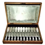 Roberts & Belk, Sheffield, Silver Plated Set Of 12 Fish Forks Knives W/ Case. Fixed Price $235.93.