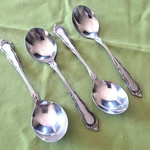 4 Round Cream Soup Spoons Utica Stainless Steel Patrician Pattern Japan 6 1/2". Fixed Price $8.99.