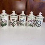 Portmeirion Botanic Garden, Set Of 5 Assorted Porcelain Herb & Spice Jars - New. Fixed Price $50.00.