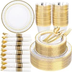 Ciaell 350PCS Disposable Dinnerware Set, Clear Plates Gold Trim, Cups. Fixed Price $104.99.
