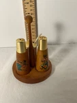 Vintage Unique Wooden Salt And Pepper Shakers Tiny Canister Spoon Tray. Fixed Price $25.00.