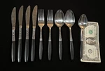 9 X Mcm Eterna Ekco Silver EKS5A F2 Black Handle Stainless Steel Flatware Japan. Fixed Price $39.50.