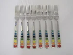8 Fiesta Celebration Stainless Dinner Forks Rainbow Inlay Flatware. Fixed Price $59.99.