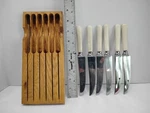 Set Of 6 Mutual Hiram Wild Sheffield Stainless Steel Steak Knives + Wood Holder. Fixed Price $19.99.