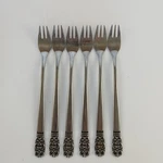 Oneida Japan Northland 8 Pc Stainless Cocktail Forks 6" Black Scrolls OHS75. Fixed Price $9.50.