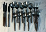 16 Pce Interpur INR2 Stainless Spoons Brown Faux Wood Handle Flatware Mcm Japan. Fixed Price $53.12.