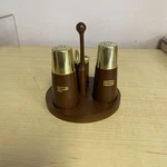 Vintage Unique Wooden Salt And Pepper Shakers Tiny Canister Spoon Tray. Fixed Price $24.50.