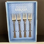 4 New Boxed 18/10 Stainless Steel Mikasa Alyse Appetizer Fork Black Oxide Handle. Fixed Price $19.99.