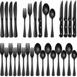 Ewfen 24-PIECE Black Silverware Set With Steak Knives, Flatware. Fixed Price $30.99.