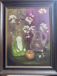 Large Carole Fabrizio Signed 1966 Oil Painting Asian Still Life Buddha Flowers. Fixed Price $119.00.
