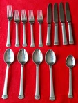14 International Stainless INS350 Flatware Spoons Forks Knives Stripe Collar/tip. Fixed Price $20.00.