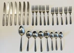Hull Stainless #HUS3 Pattern 18/8 Glossy Vtg Forks, Knives, Spoons Lot Of 25. Fixed Price $48.00.