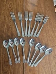 Mainstays Swirl Stainless Steel Adult 8 Dinner Spoons & 7 Forks. Fixed Price $7.00.