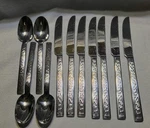 Oneida Silver OHS504 Stainless Textured Flatware Lot Of 7 Dinner Knives & Oval. Fixed Price $17.00.