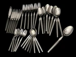 35PC Vtg Cosmos Japan 1961 Mid-century Modern Black Silver Spoons Forks Knives. Fixed Price $59.00.