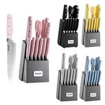 Hecef 14 Pcs Knife Set With Wooden Block Sharp Blades Chef Santoku Steak Knives. Fixed Price $39.99.