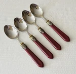 Hampton Silversmiths Stainless HSV122 4 Oval Soup Spoons Burgundy Red Handle. Fixed Price $17.95.