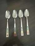 Set Of 4 Fiesta Celebration Stainless Steel Soup Spoons With Color Block Design. Fixed Price $41.99.