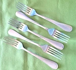5 Dinner Forks Cambridge Stainless Gravity Sand Pattern Satin Glossy Handle. Fixed Price $15.99.