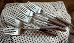Ekco EKS5A Stainless 6.75 Salad Forks Canoe/muffin Brown Handle Scroll Japan. Fixed Price $30.00.
