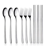 Iqcwood Spoons And Forks Flatware Set, 3 Pairs Chopsticks Silver. Fixed Price $24.24.