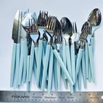 32 Stainless Flatware Aqua Blue Plastic Dinner Forks Spoons. Fixed Price $34.99.