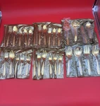 Stanley Roberts 4 Place Settings + Serving Pieces SRB180 Gold Vtg Flatware. Fixed Price $190.00.