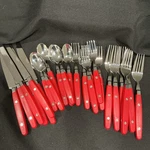 Annova Inox Stainless Steel Red Handles Lot Of 24 Pieces Set Silverware, Mcm. Fixed Price $19.99.