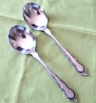 Round Cream Soup Spoons Utica Stainless Steel Patrician Pattern Japan 6 1/2". Fixed Price $6.99.
