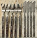LCU71 Stainless By Lifetime 9PC Set Scrolls On Black Texture Forks Flat Knives. Fixed Price $11.99.