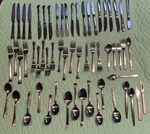 Assorted Lot Of 59 Stainless Flatware Mixed Silverware Spoons Forks Knives. Fixed Price $45.00.
