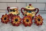 Oneida Kitchen Creamer And Sugar Set* Sunset Bouquet W/ Sunflower Napkin Rings. Fixed Price $12.75.