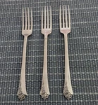 Set Of 3 Oneida Damask Rose Glossy Cube Mark Stainless 1/8 Dinner Forks. Fixed Price $32.00.